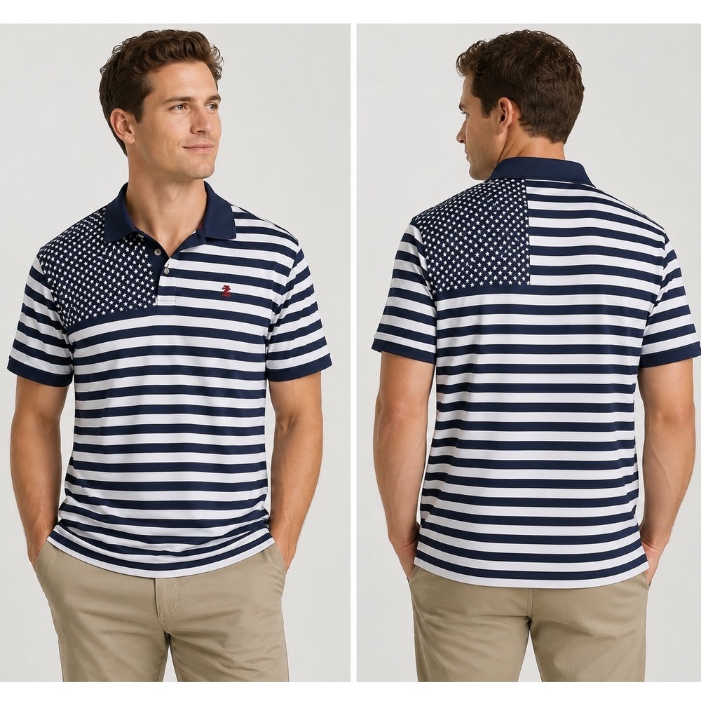 IZOD Advantage Performance Polo Shirt Mens Large Navy White USA Flag‎